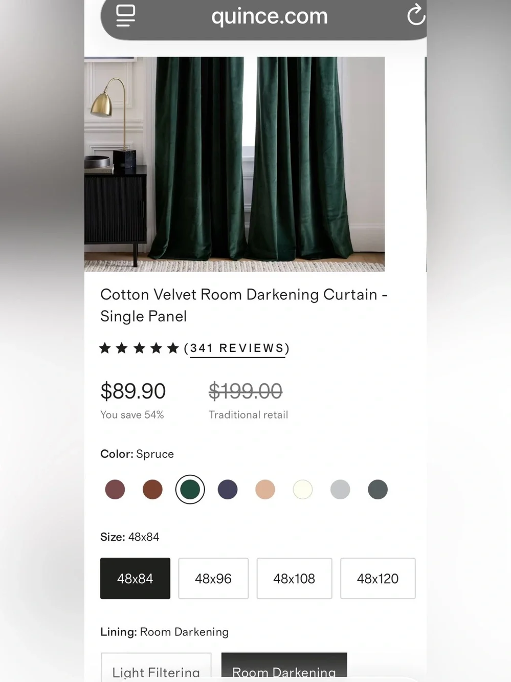 NWOT Quince Cotton Velvet Room Darkening Curtain - Single Panel, 48 X 84- Spruce